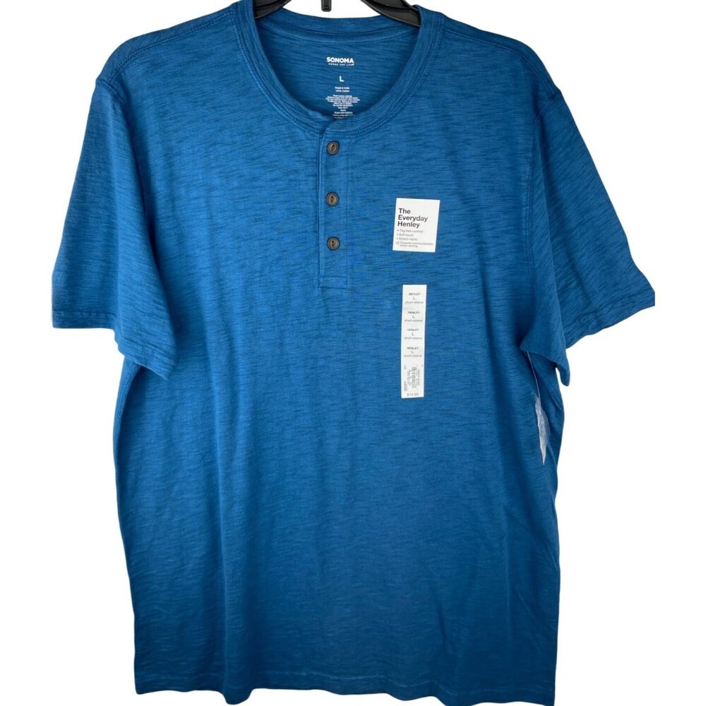 Sonoma Mens Blue Short Sleeve Henley Shirt L 100% Cotton